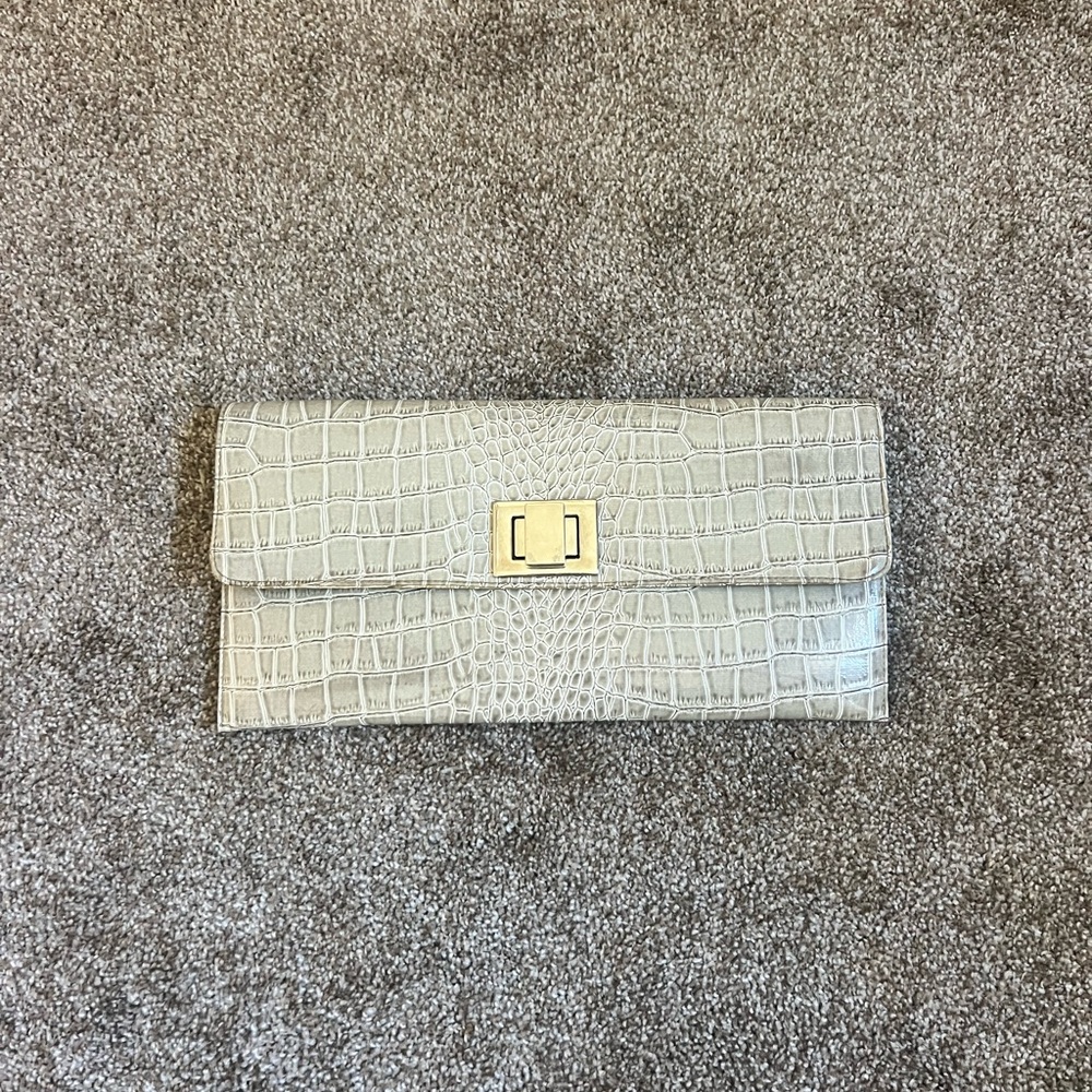 Olga Berg Greenish Gray Crocodile-Patterned Clutch